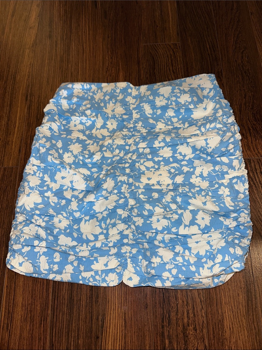 Mango Blue and White Floral Ruched Mini Skirt